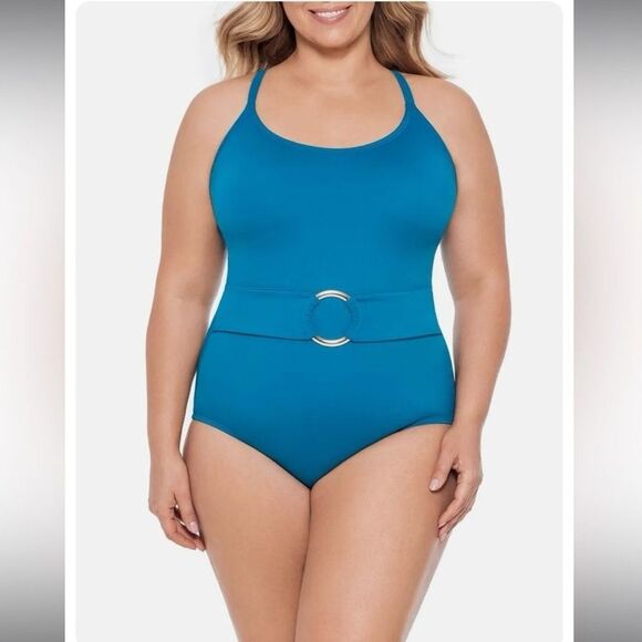 Time and Tru Blue Belted One-Piece Swimsuit - Size 2x - Pre-Owned - Picture 1 of 9